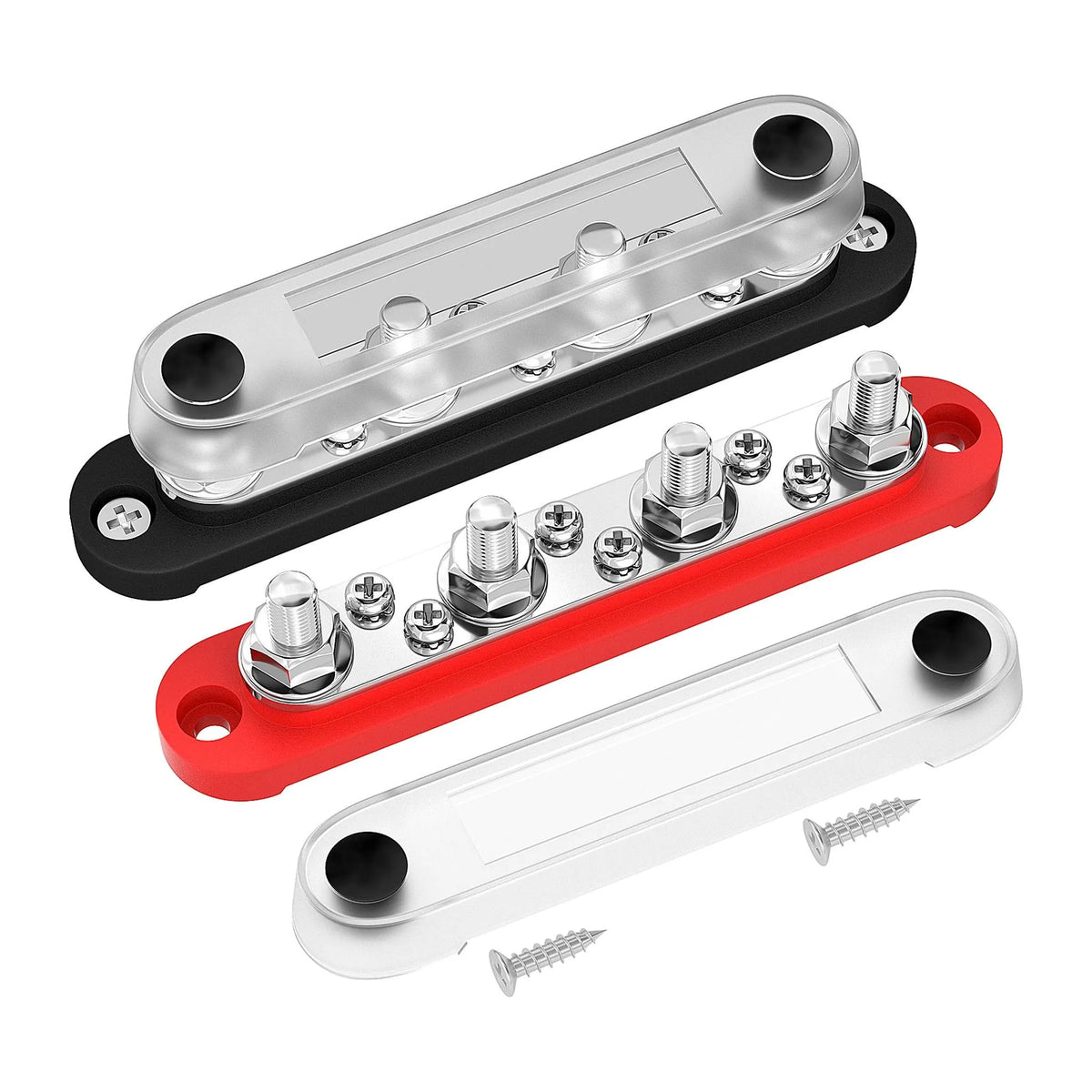 Stroomverdeler Set 150A — 4× M8 + 6× M4 Busbar Rood + Zwart (12–48V DC)