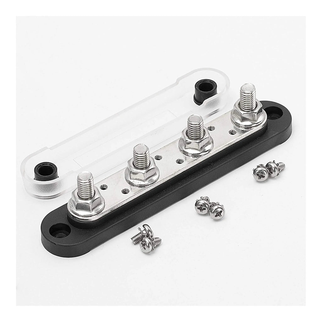 Stroomverdeler Set 150A — 4× M8 + 6× M4 Busbar Rood + Zwart (12–48V DC)