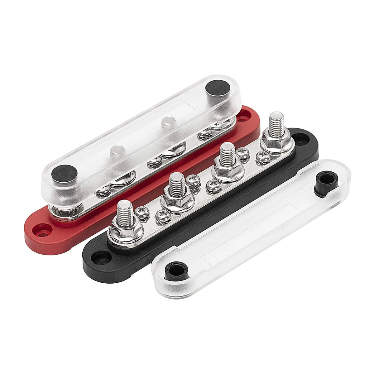 Stroomverdeler Set 150A — 4× M8 + 6× M4 Busbar Rood + Zwart (12–48V DC)