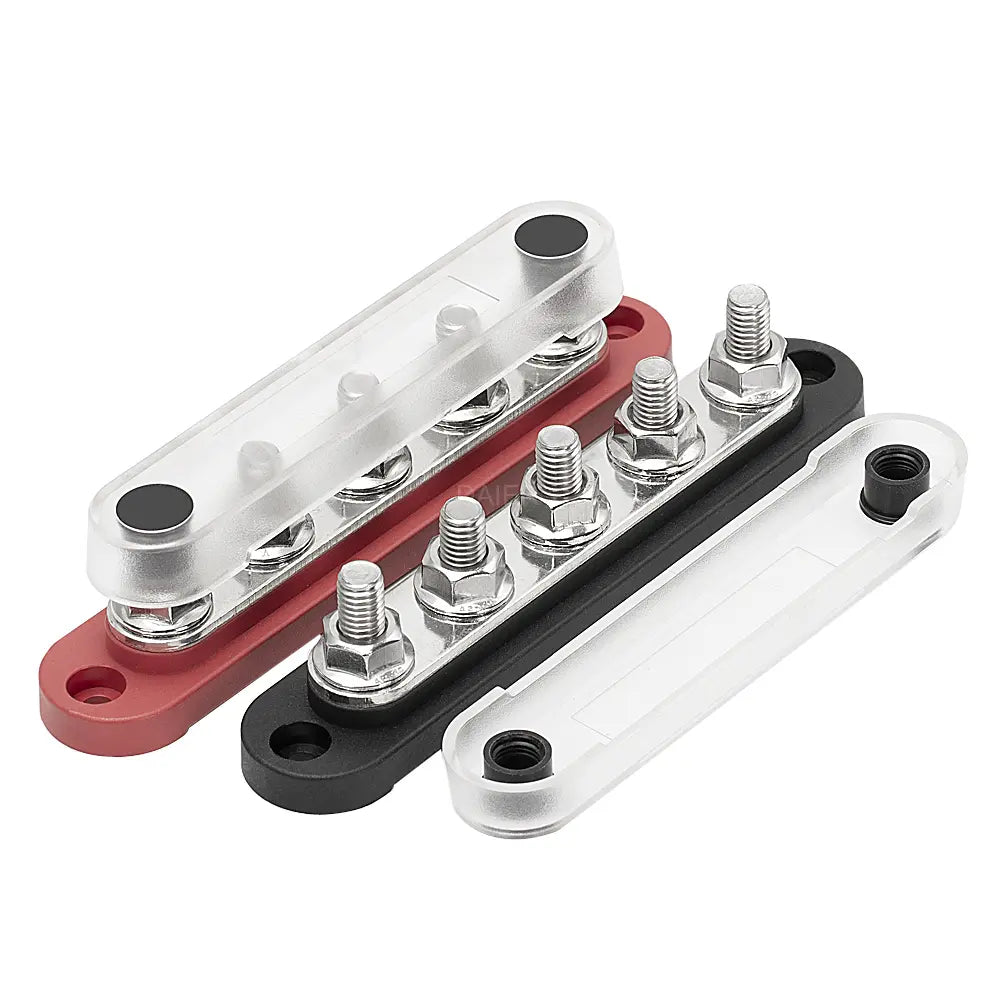 Stroomverdeler Set 150A — 5× M8 Busbar Rood + Zwart (12–48V DC)