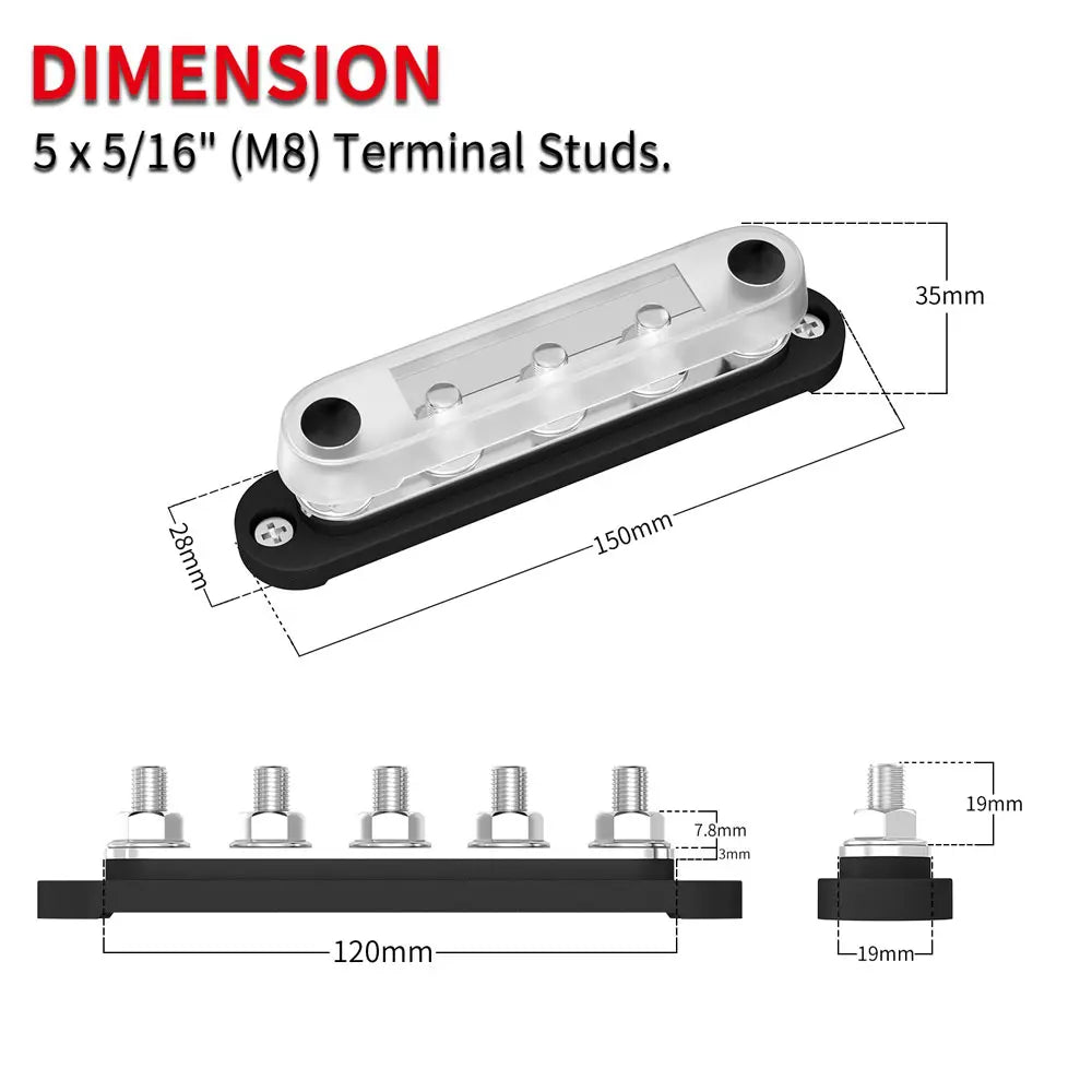 Stroomverdeler Set 150A — 5× M8 Busbar Rood + Zwart (12–48V DC)