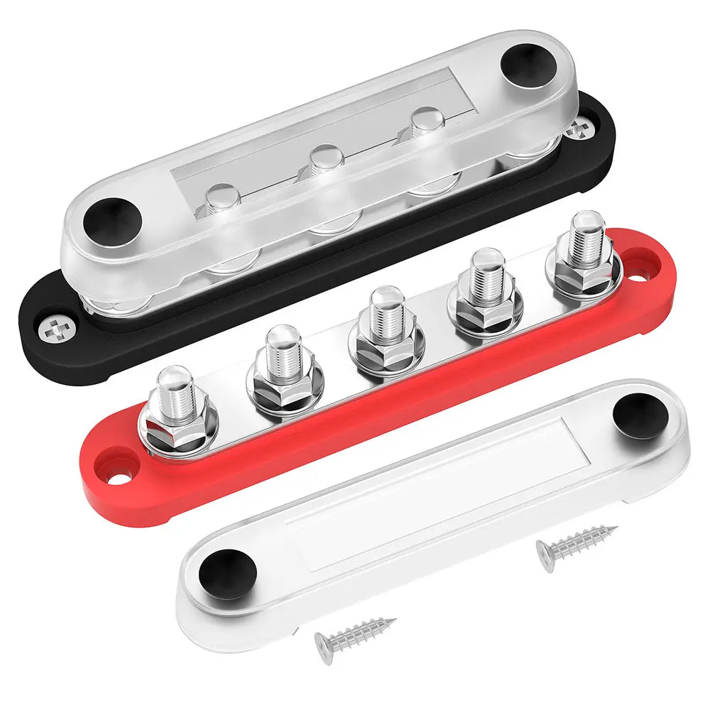Stroomverdeler Set 150A — 5× M8 Busbar Rood + Zwart (12–48V DC)