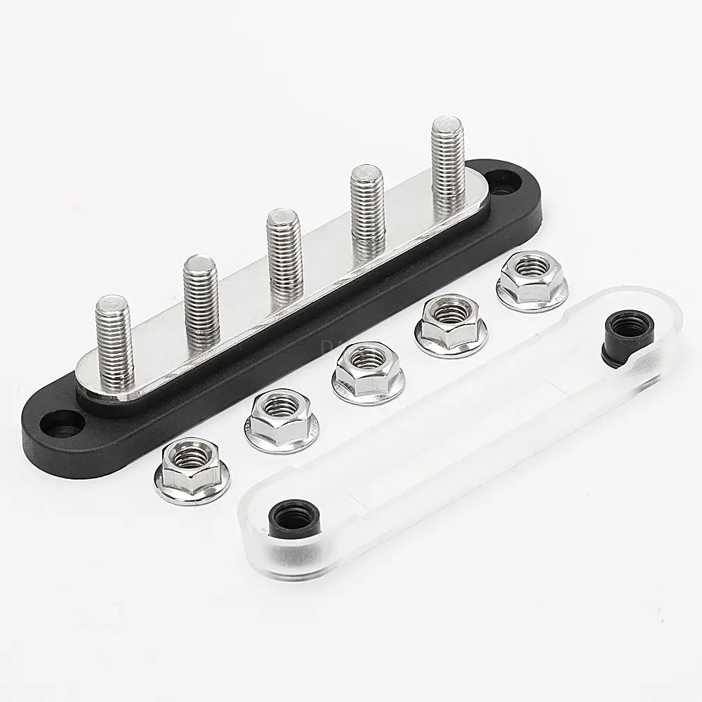 Stroomverdeler Set 150A — 5× M8 Busbar Rood + Zwart (12–48V DC)