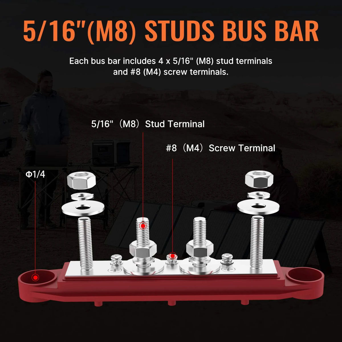 Stroomverdeler Set 250A — 4× M8 + 3× M4 Busbar Rood + Zwart (12–48V DC)