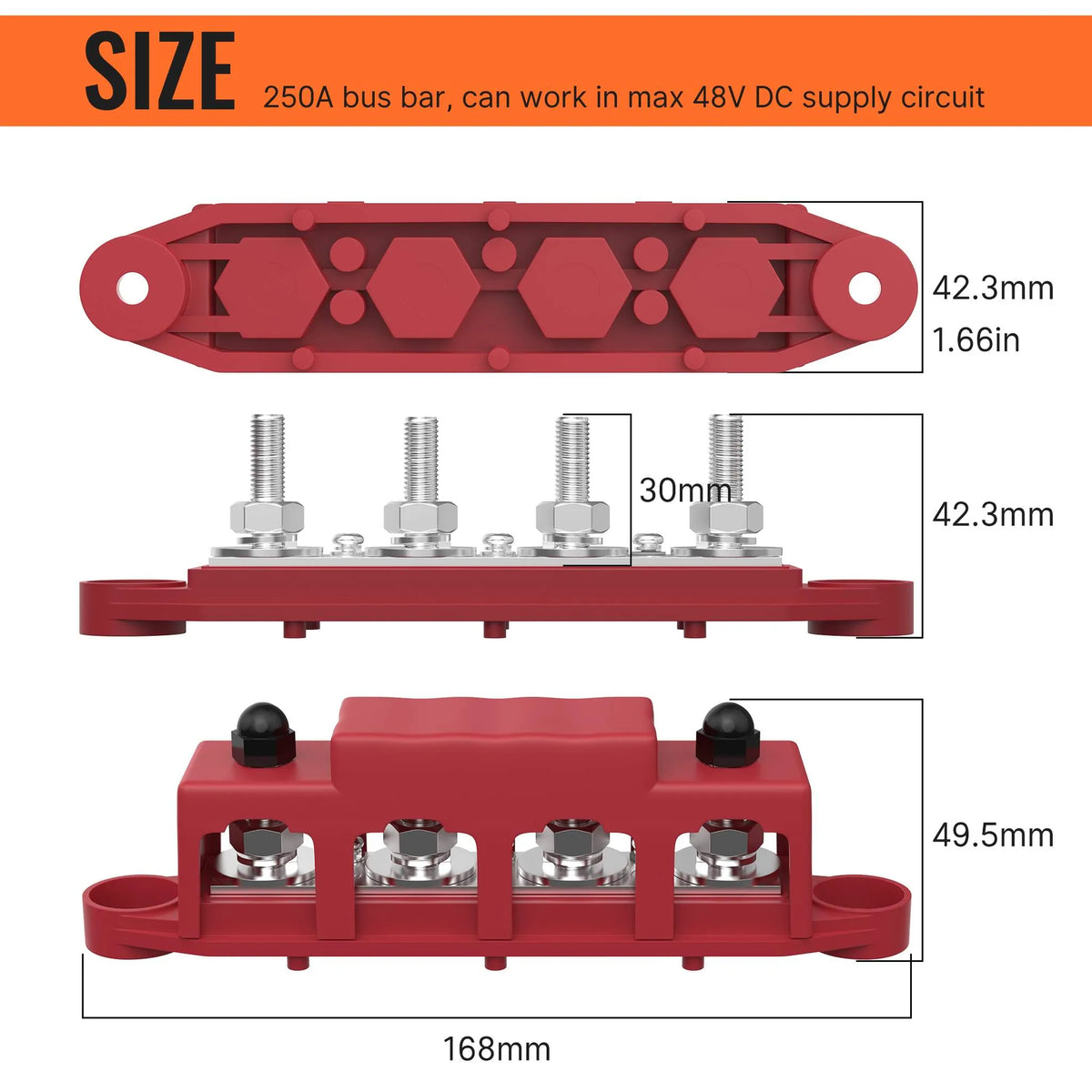 Stroomverdeler Set 250A — 4× M8 + 3× M4 Busbar Rood + Zwart (12–48V DC)