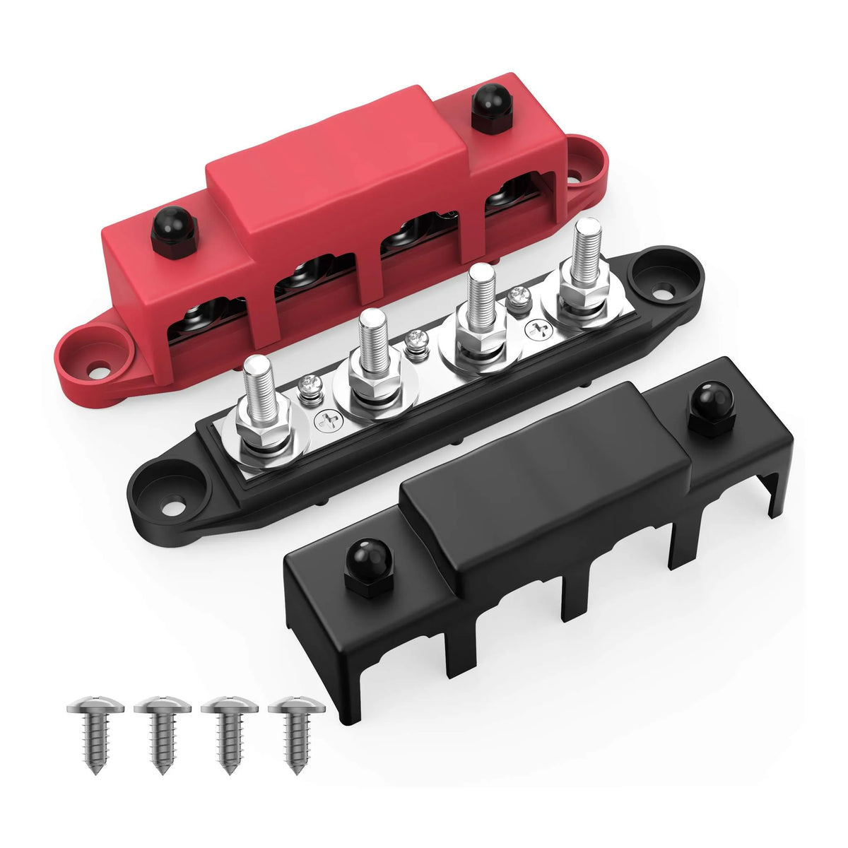 Stroomverdeler Set 250A — 4× M8 + 3× M4 Busbar Rood + Zwart (12–48V DC)