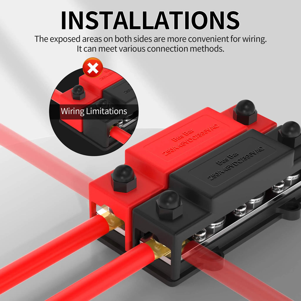Stroomverdeler 250A — 8× M10 + 6× M4 Busbar Plus/Min Blok (12–48V DC)