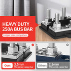 Stroomverdeler 250A — 8× M10 + 6× M4 Busbar Plus/Min Blok (12–48V DC)