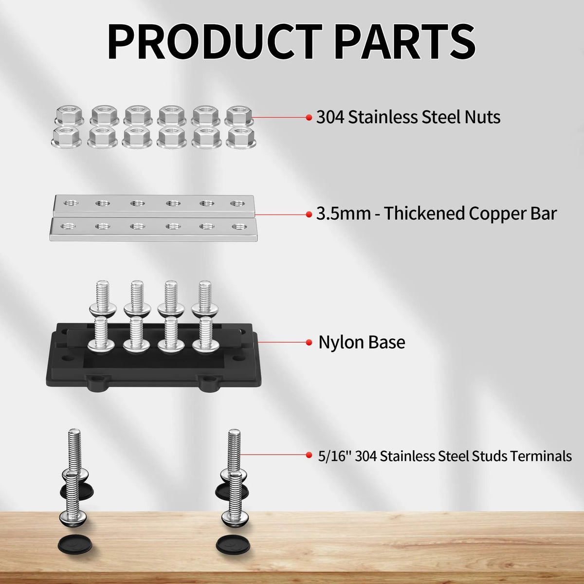 Stroomverdeler 250A — 12× M8 Busbar Plus/Min Blok (12–48V DC)