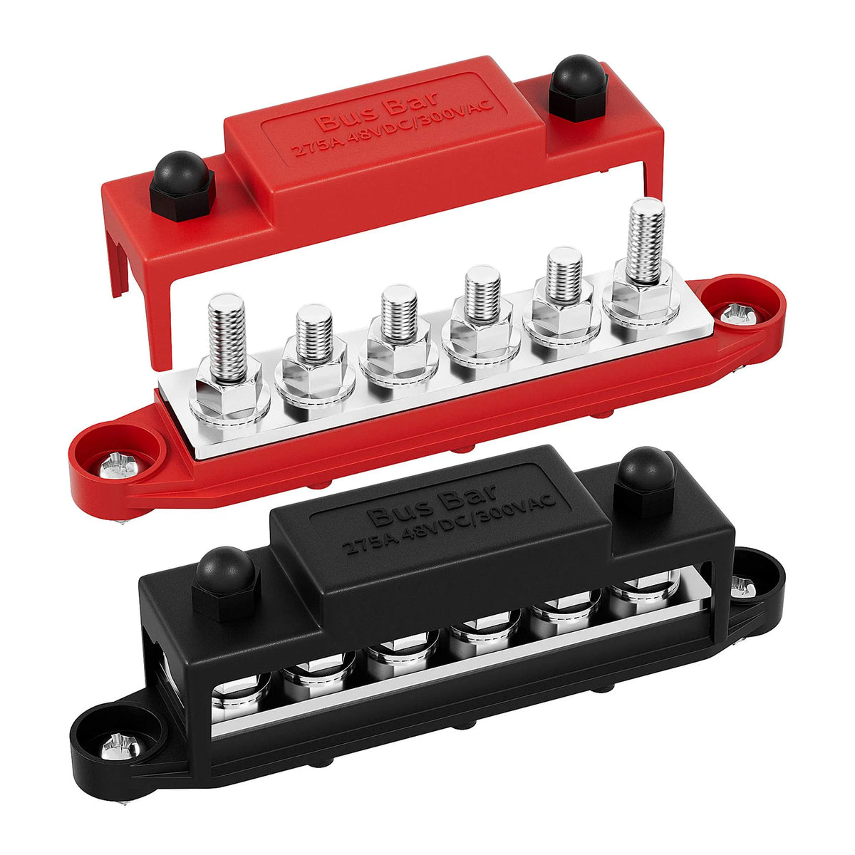 Stroomverdeler Set 275A — 6× M8 Busbar Rood + Zwart (12–48V DC)