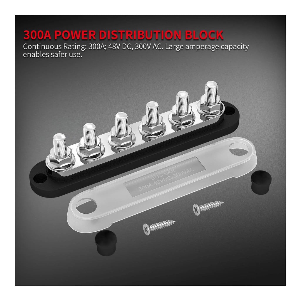 Stroomverdeler Set 300A — 6× M8 Busbar Rood + Zwart (12–48V DC)