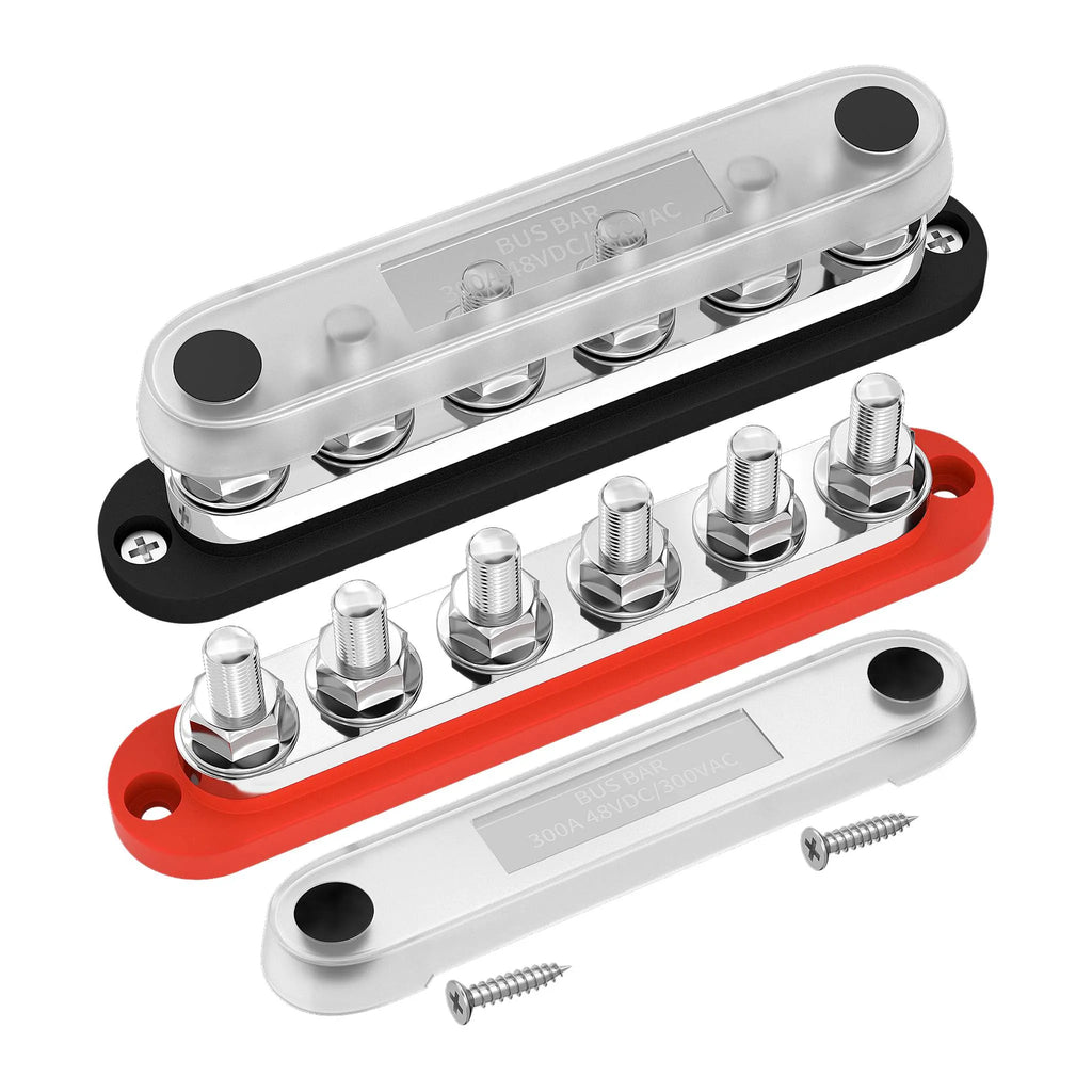 Stroomverdeler Set 300A — 6× M8 Busbar Rood + Zwart (12–48V DC)